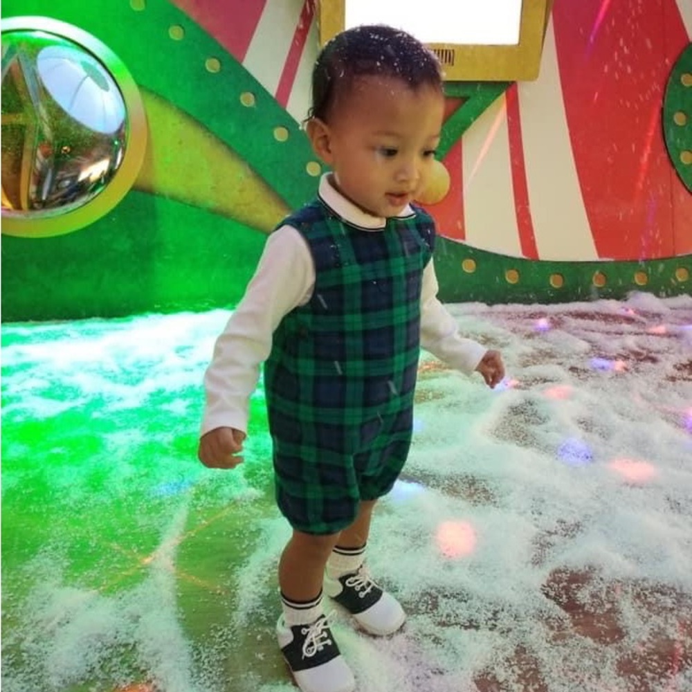 Baby plaid romper + newsboy hat. Marine blue/green plaid + baby polo body suit.